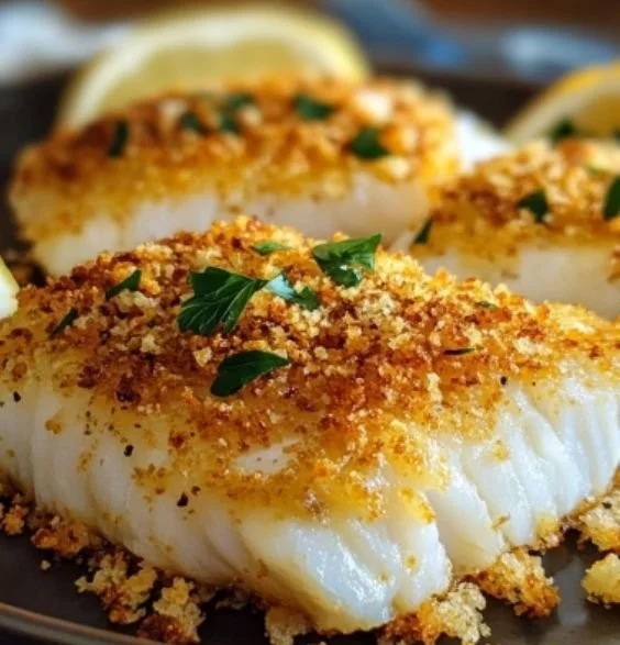 Crispy Baked Fish garnished with herbs on a plate