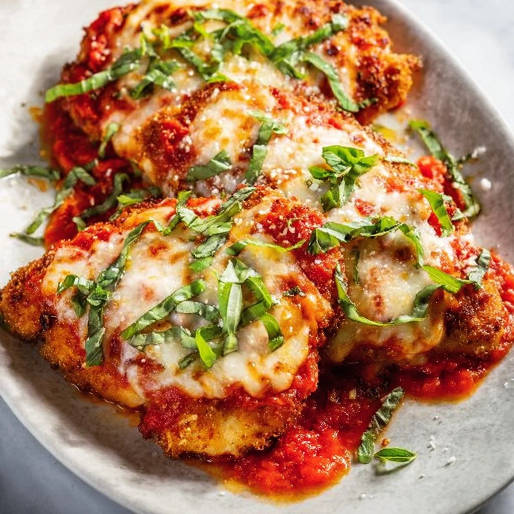 Crispy Chicken Parmesan served with marinara sauce and melted cheese
