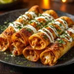 Delicious crispy chicken taquitos served with salsa and toppings
