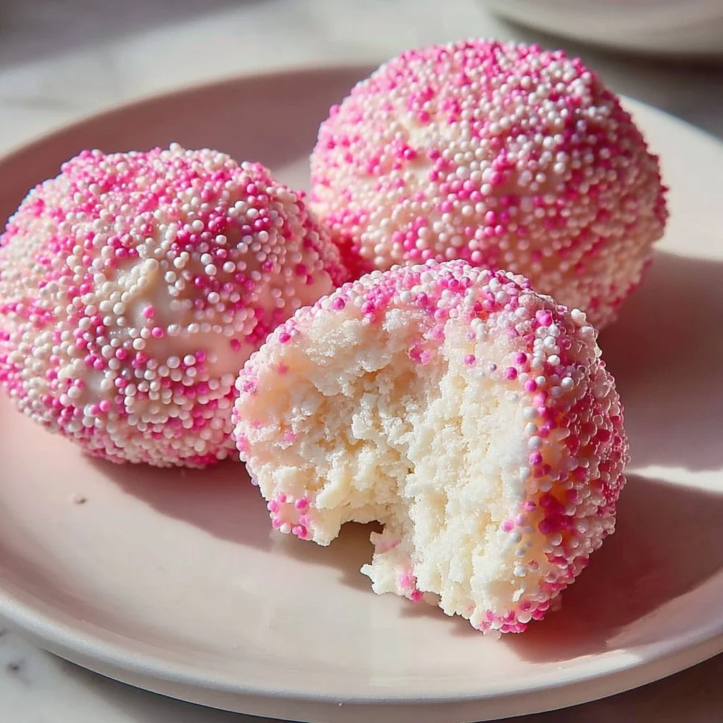 Crispy cotton candy cheesecake bombs plated with colorful sprinkles