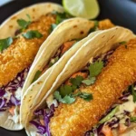 Crispy fish tacos with slaw and lime crema on a plate