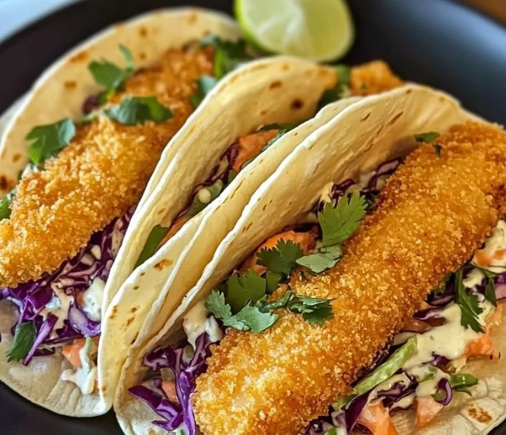Crispy fish tacos with slaw and lime crema on a plate