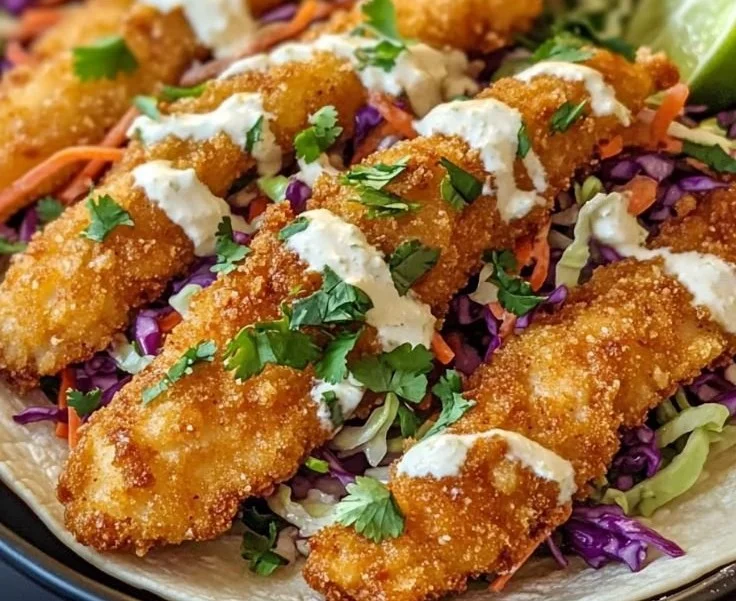 Crispy Fish Tacos with Slaw and Lime Crema