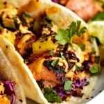 Crispy salmon tacos topped with fresh ingredients and served in a tortilla