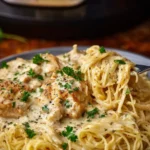 Crock Pot Angel Chicken dish served on a plate with herbs and spices.