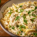 Crockpot Chicken Alfredo with creamy sauce and pasta served on a plate