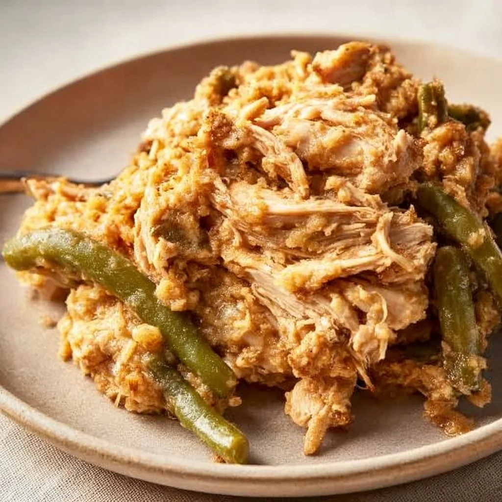 Crockpot Chicken and Stuffing dish served with vegetables