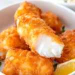 Plate of delicious beer battered halibut with a crispy golden crust