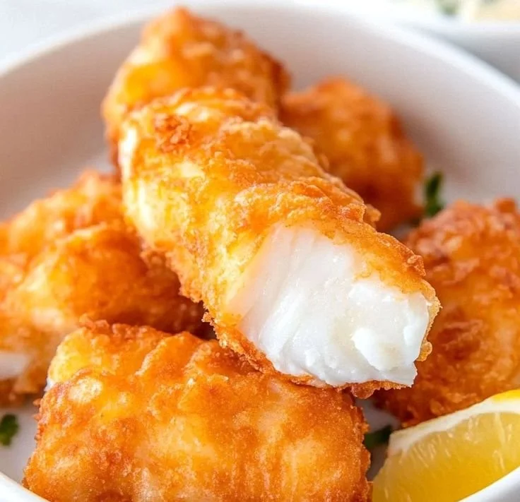 Plate of delicious beer battered halibut with a crispy golden crust