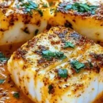 Plate of delicious cod fillet in roasted red pepper sauce topped with herbs.