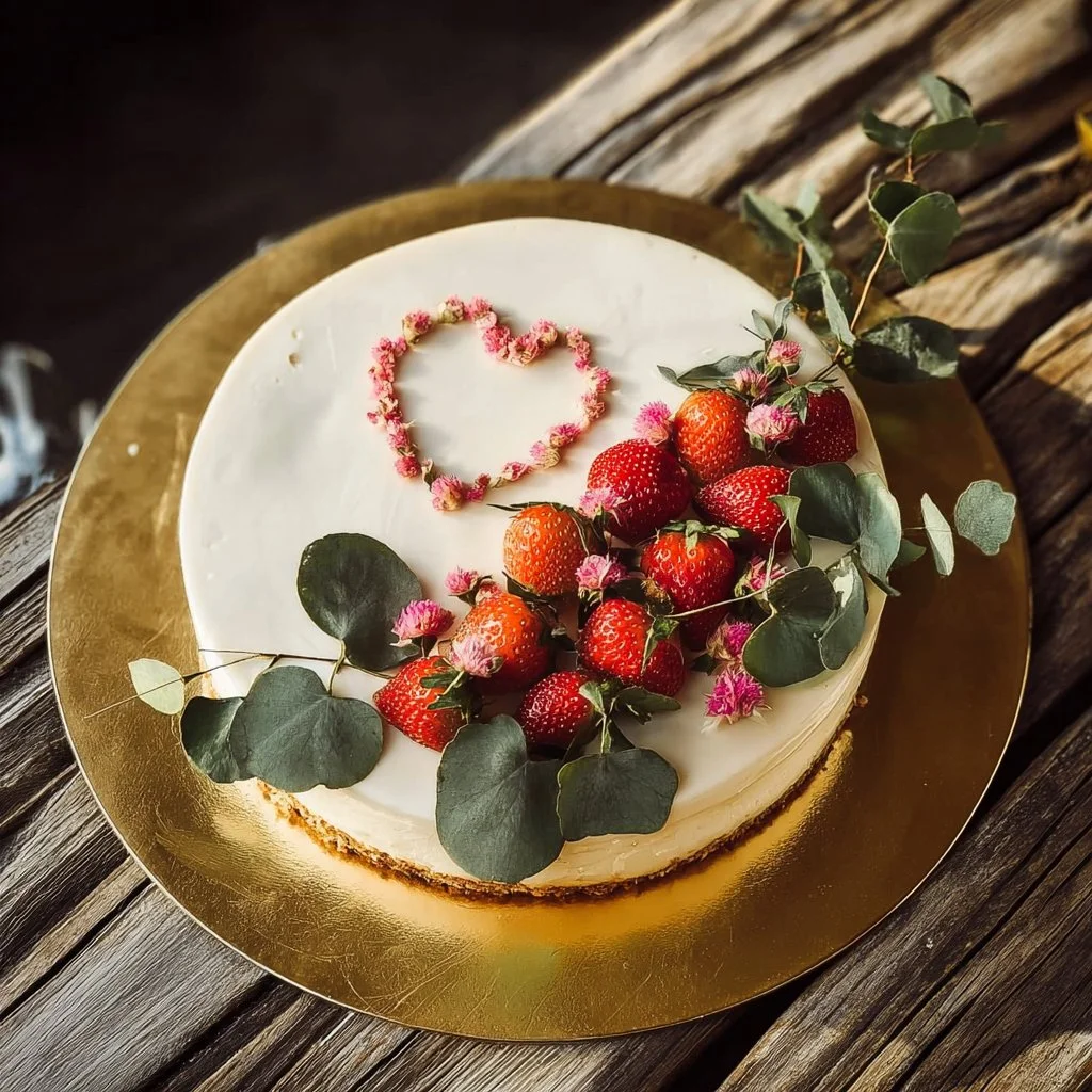 Delicious strawberry cake topped with vibrant edible flowers