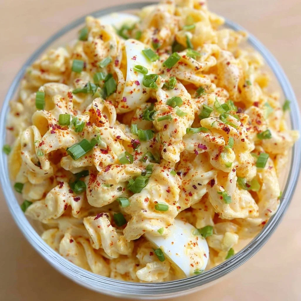 Creamy deviled egg pasta salad with eggs, pasta, and seasonings