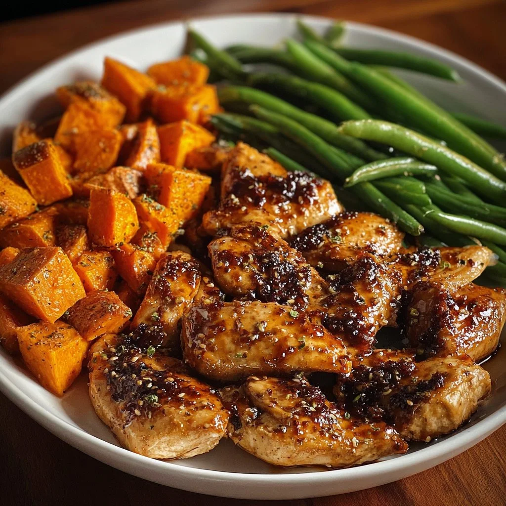Delicious honey garlic chicken served with roasted sweet potatoes on a plate