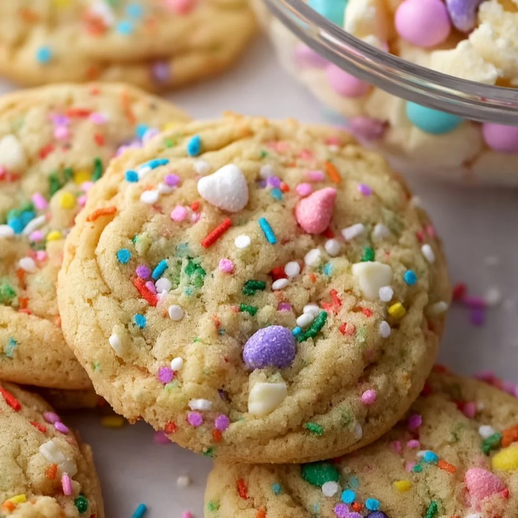 Colorful Easter cookies decorated with icing and sprinkles for spring festivities