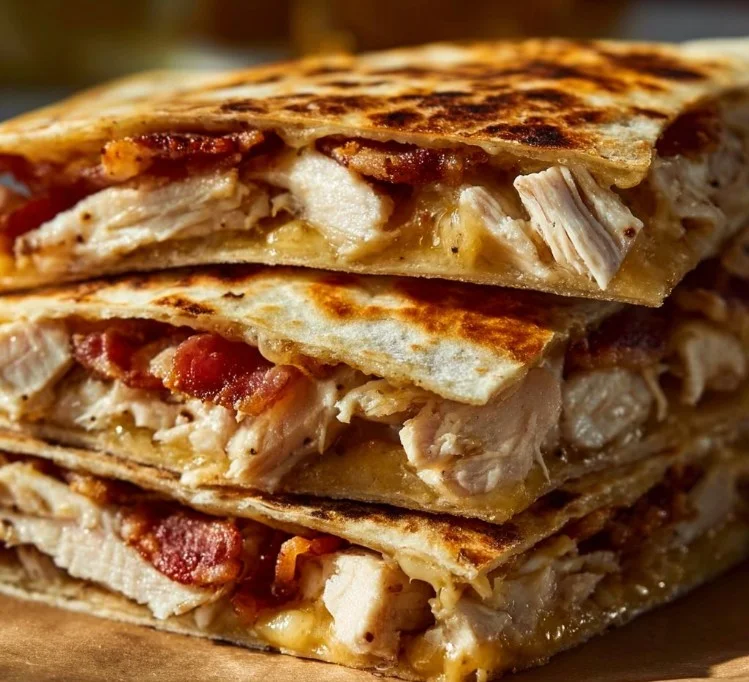 Easy Chicken Bacon Ranch Quesadilla with melted cheese and crispy bacon