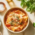 Delicious bowl of easy creamy lasagna soup garnished with cheese and herbs