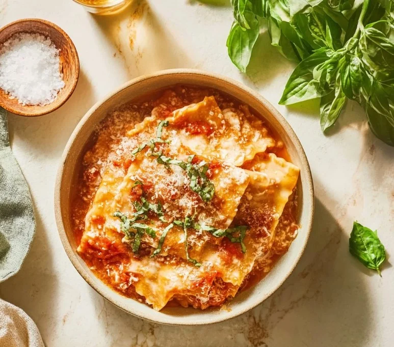 Delicious bowl of easy creamy lasagna soup garnished with cheese and herbs
