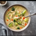 A bowl of easy healthy chicken broccoli soup garnished with herbs.