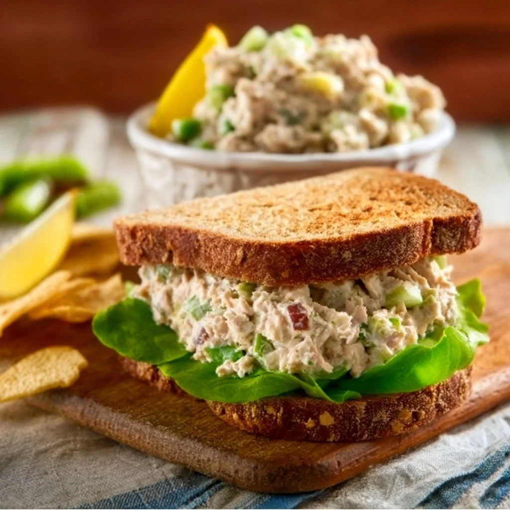 Bowl of easy tuna salad with fresh vegetables and dressing