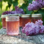 Colorful jars of homemade flower jelly with floral decorations