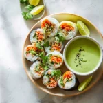Fresh sushi spring rolls filled with colorful vegetables and seafood