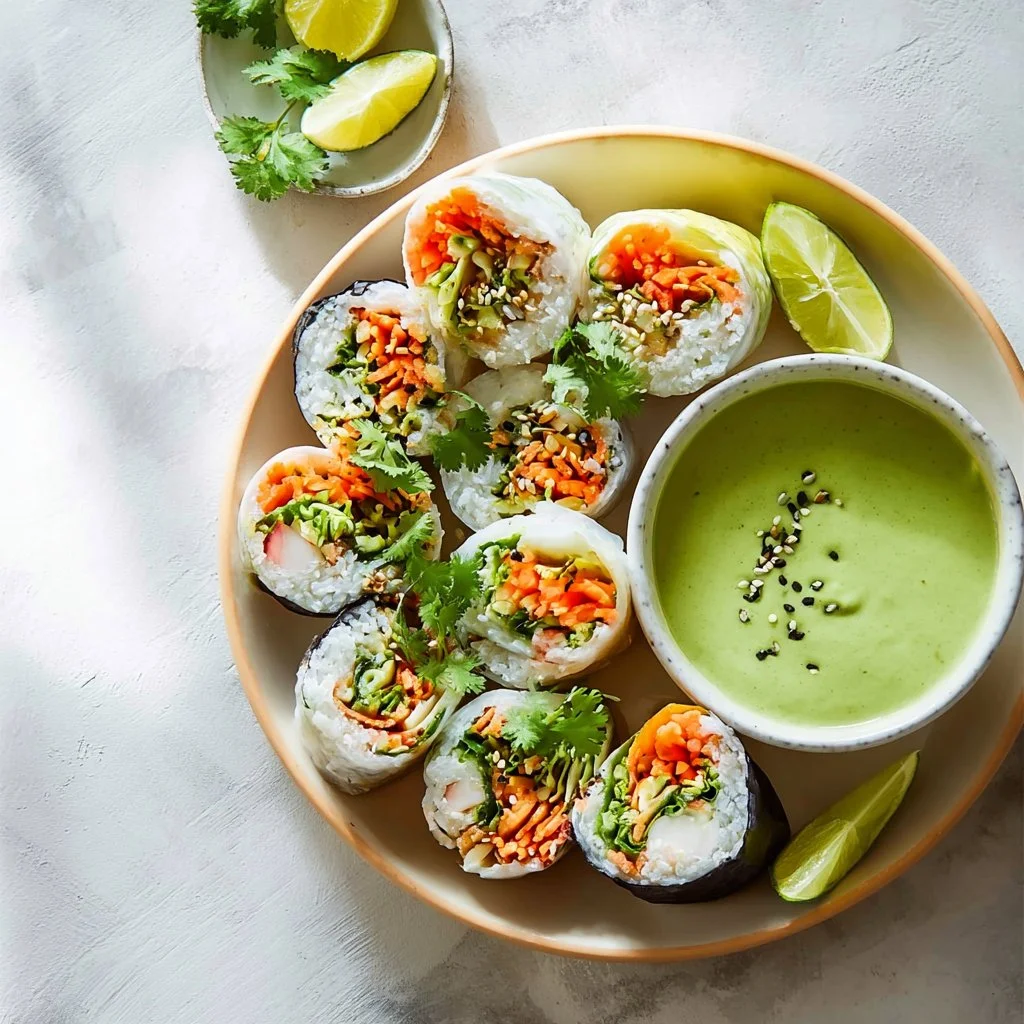 Fresh sushi spring rolls filled with colorful vegetables and seafood