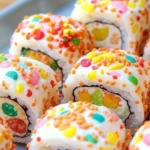 Colorful Fruity Pebbles Sushi dessert with rice and marshmallows