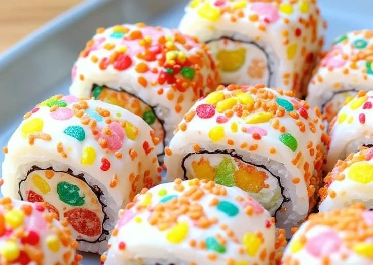 Colorful Fruity Pebbles Sushi dessert with rice and marshmallows