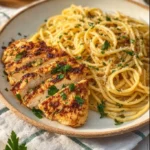 Delicious plate of Garlic Butter Chicken Pasta garnished with herbs.
