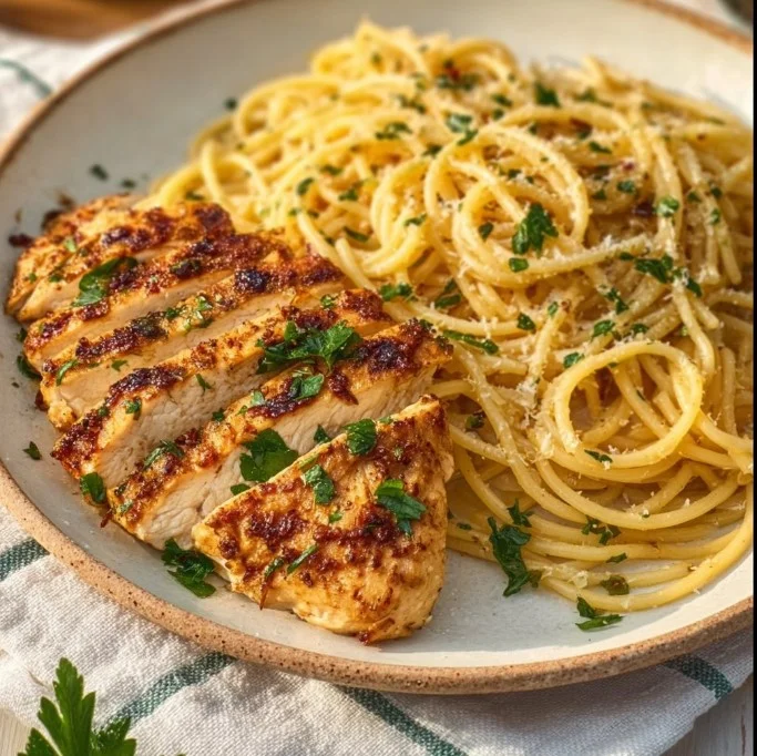 Delicious plate of Garlic Butter Chicken Pasta garnished with herbs.