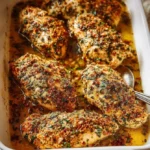 Baked Garlic Chicken Parmesan topped with melted cheese and garlic herbs