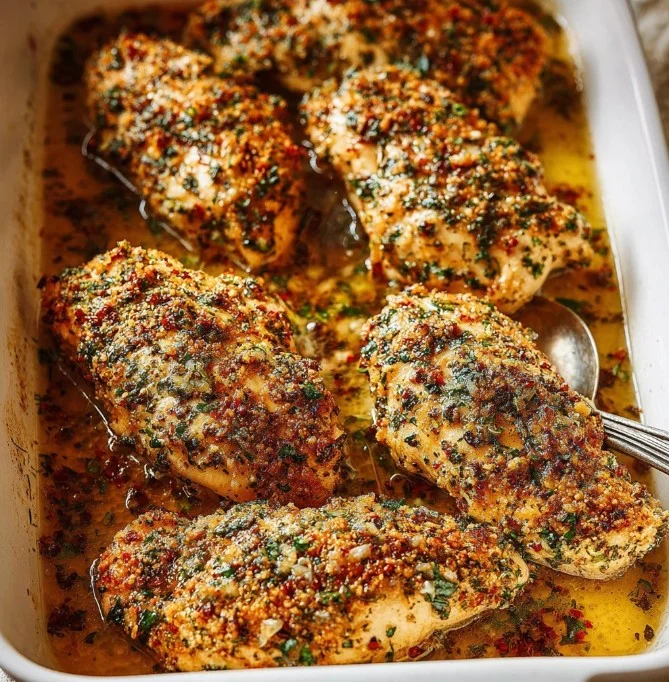 Baked Garlic Chicken Parmesan topped with melted cheese and garlic herbs