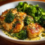Plate of Garlic Cream Chicken with Broccoli garnished with herbs