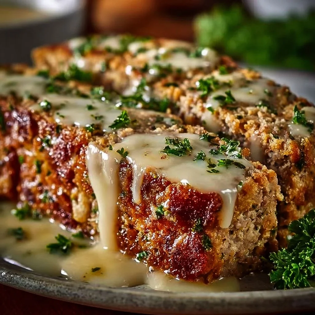 Delicious Garlic Parmesan Chicken Meatloaf served on a plate