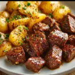 Plate of garlic steak bites with golden crispy potatoes