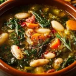 Bowl of Greek Healing Soup with fresh herbs and vegetables