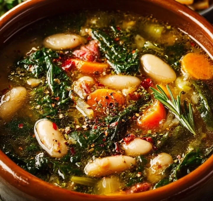 Bowl of Greek Healing Soup with fresh herbs and vegetables