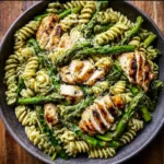 Delicious grilled chicken and asparagus pesto pasta served in a bowl