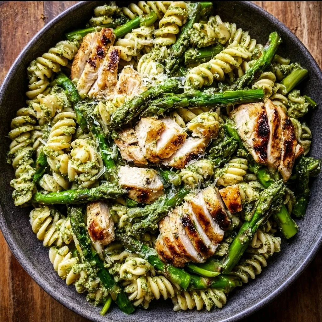 Delicious grilled chicken and asparagus pesto pasta served in a bowl