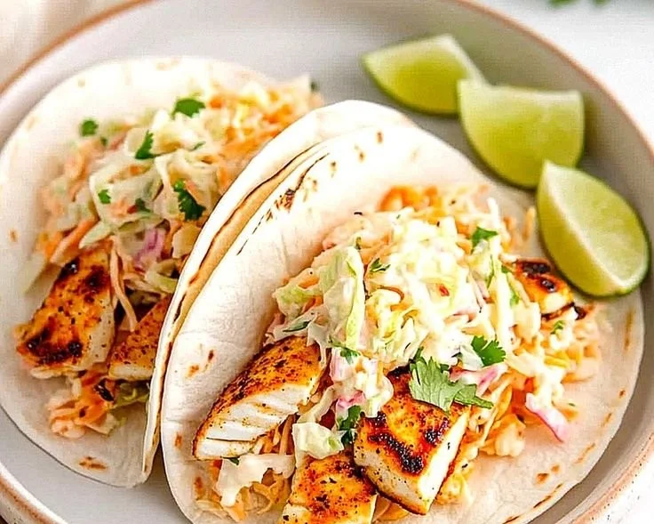 Delicious grilled fish tacos topped with fresh cabbage slaw