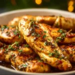 Healthy garlic butter chicken tenders on a plate garnished with herbs.