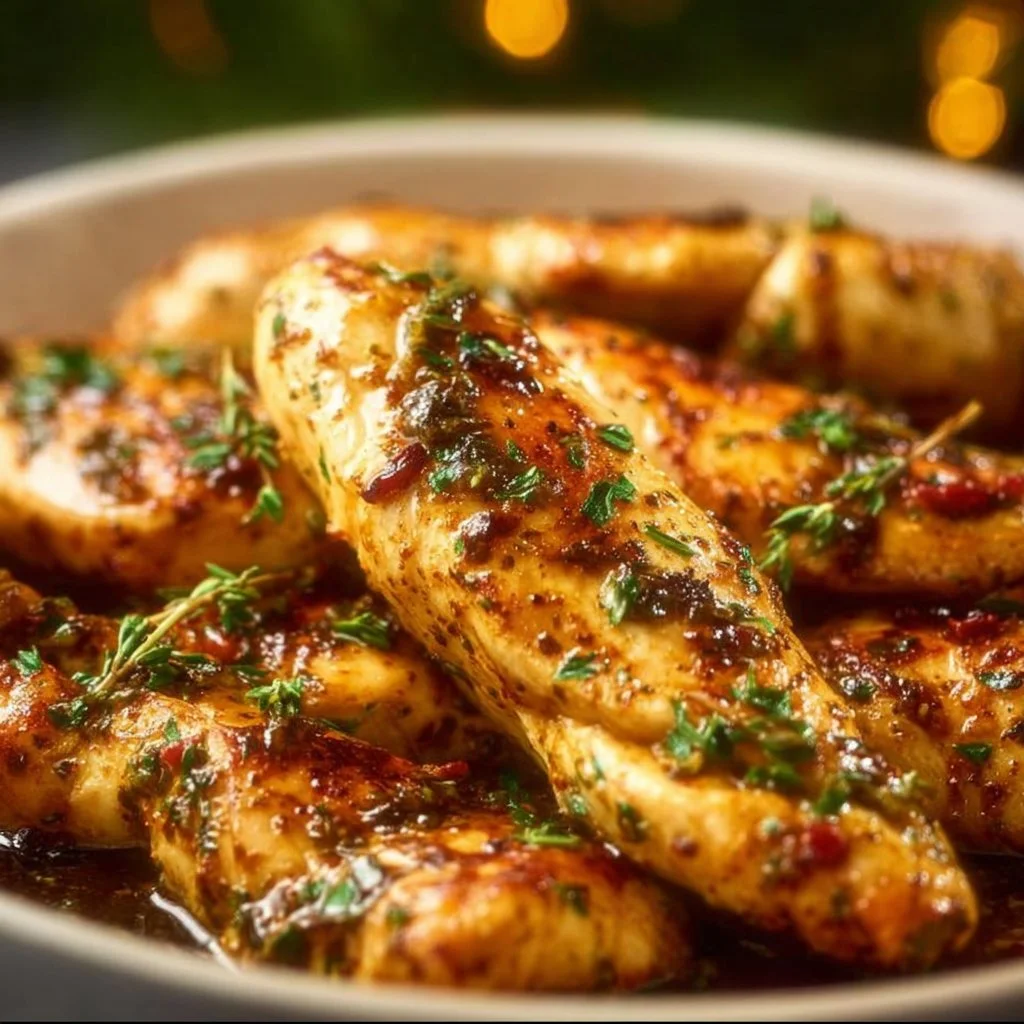 Healthy garlic butter chicken tenders on a plate garnished with herbs.