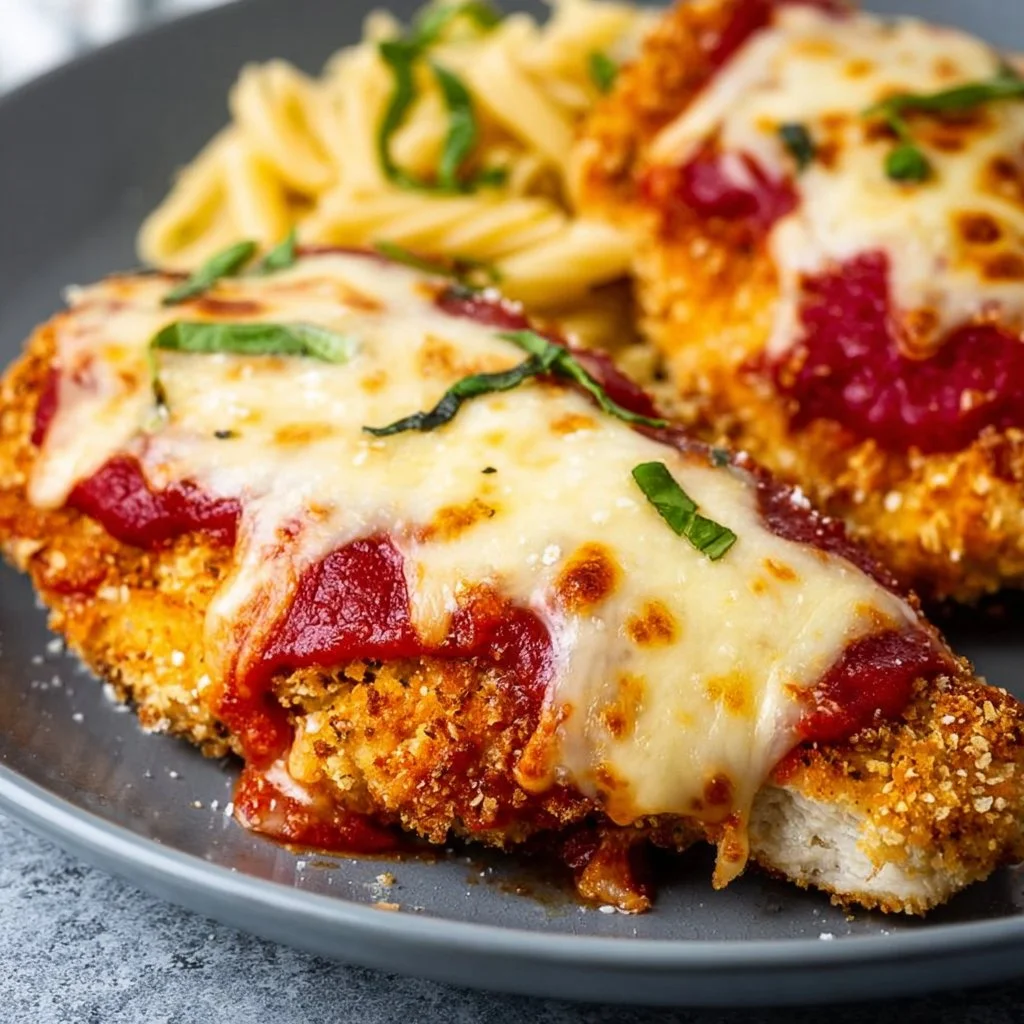 Healthy oven baked chicken parmesan served with a side of vegetables