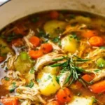 Bowl of hearty chicken veggie soup with colorful vegetables and herbs.