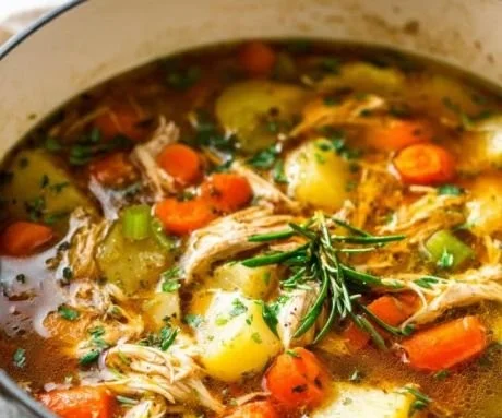 Bowl of hearty chicken veggie soup with colorful vegetables and herbs.