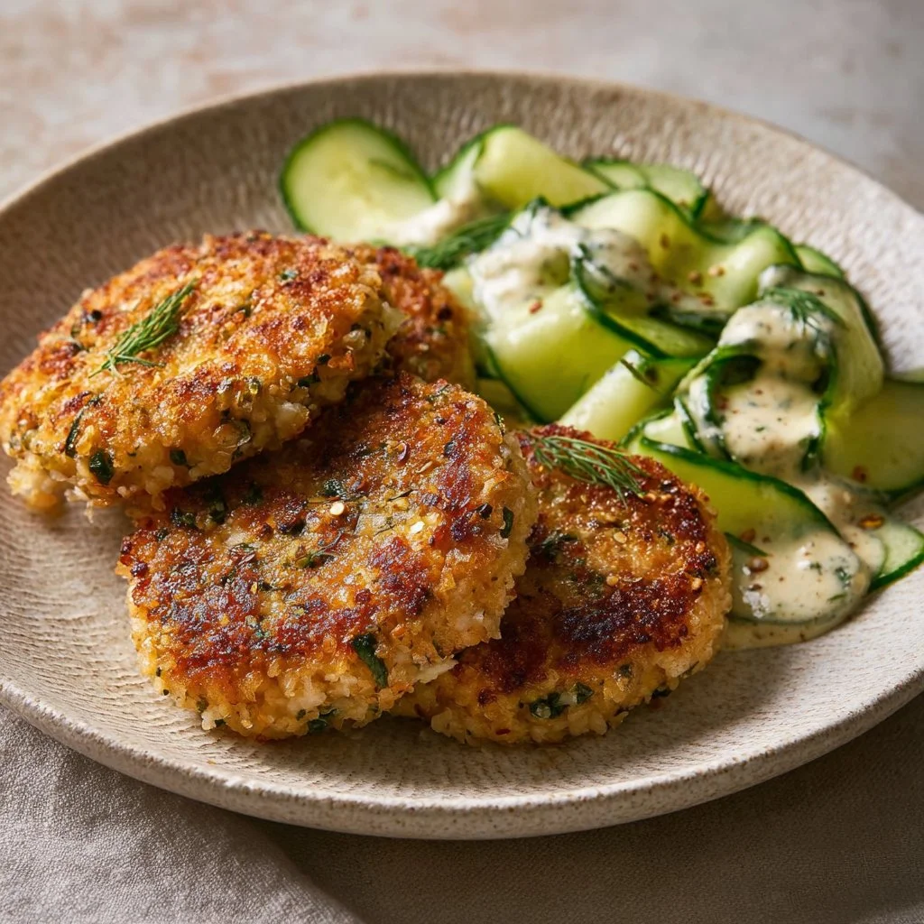 Herbed turkey burgers with cucumber salad and tzatziki sauce on a plate