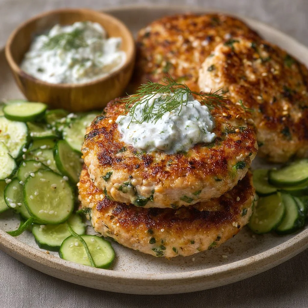 Herbed Turkey Burgers with Cucumber Salad and Tzatziki