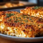 High Protein Chicken Parmesan Casserole topped with cheese and herbs