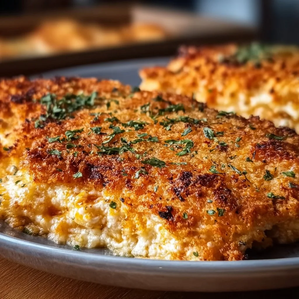 High Protein Chicken Parmesan Casserole topped with cheese and herbs