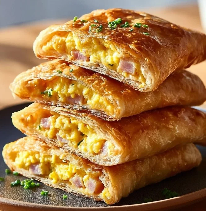Homemade breakfast hot pockets filled with eggs, cheese, and vegetables